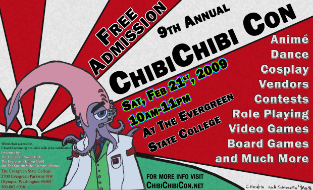 An illustrated poster featuring a character with a purple squid-like head in front of the Japanese rising sun flag. The poster features various information about Chibi Chibi Con 2009, such as start and end time, date, location, and the events that were offered that year.