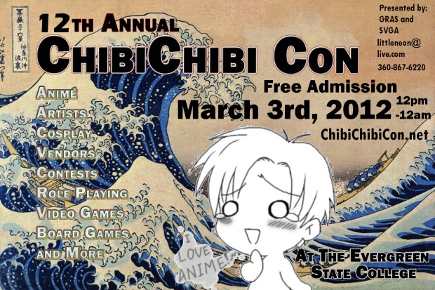 A monochrome chibi character in front of the classic art piece 'Wave off Kanagawa' the character has a speach buble next to them that says 'I love anime!'The poster features various information about Chibi Chibi Con 2012, such as start and end time, date, location, and the events that were offered that year.