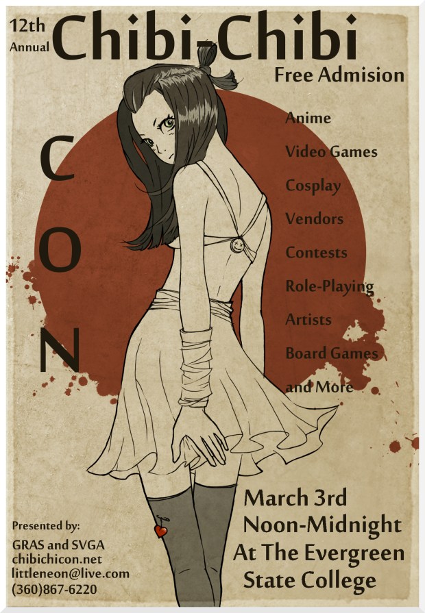 A monochrome illustration of an anime girl looking back over her shoulder at the viewer. The girl is standing in front of a Japanese flag.
The poster features various information about Chibi Chibi Con 2012, such as start and end time, date, location, and the events that were offered that year.