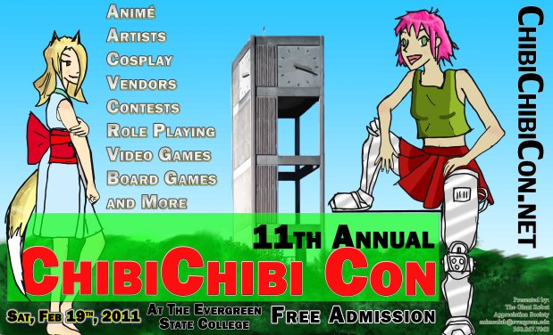 An illustrated poster featuring two roughly drawn anime girls. Both girls are thin and pale. One girl has long blond hair as well as fox ears and a fox tail. She has a mischevious smile and is looking at the second girl. The second girl has short, bright pink hair, and cybernetic legs. She is sitting and smiling at the viewer. The poster features various information about Chibi Chibi Con 2011, such as start and end time, date, location, and the events that were offered that year.