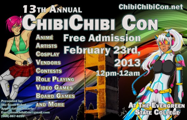 A poster featuring two different designs of Chibi Chibi Con's mascot Chibi Chan. In one design she is a thin, pale, girl with short pink hair. She has two cybernetic legs and cybernetic cat ears. In the other design, she is a thin, tan girl with a white ponytail. She has cybernetic cat ears and her body is covered by a sci-fi styled jumpsuit. The poster features various information about Chibi Chibi Con 2013, such as start and end time, date, location, and the events that were offered that year.