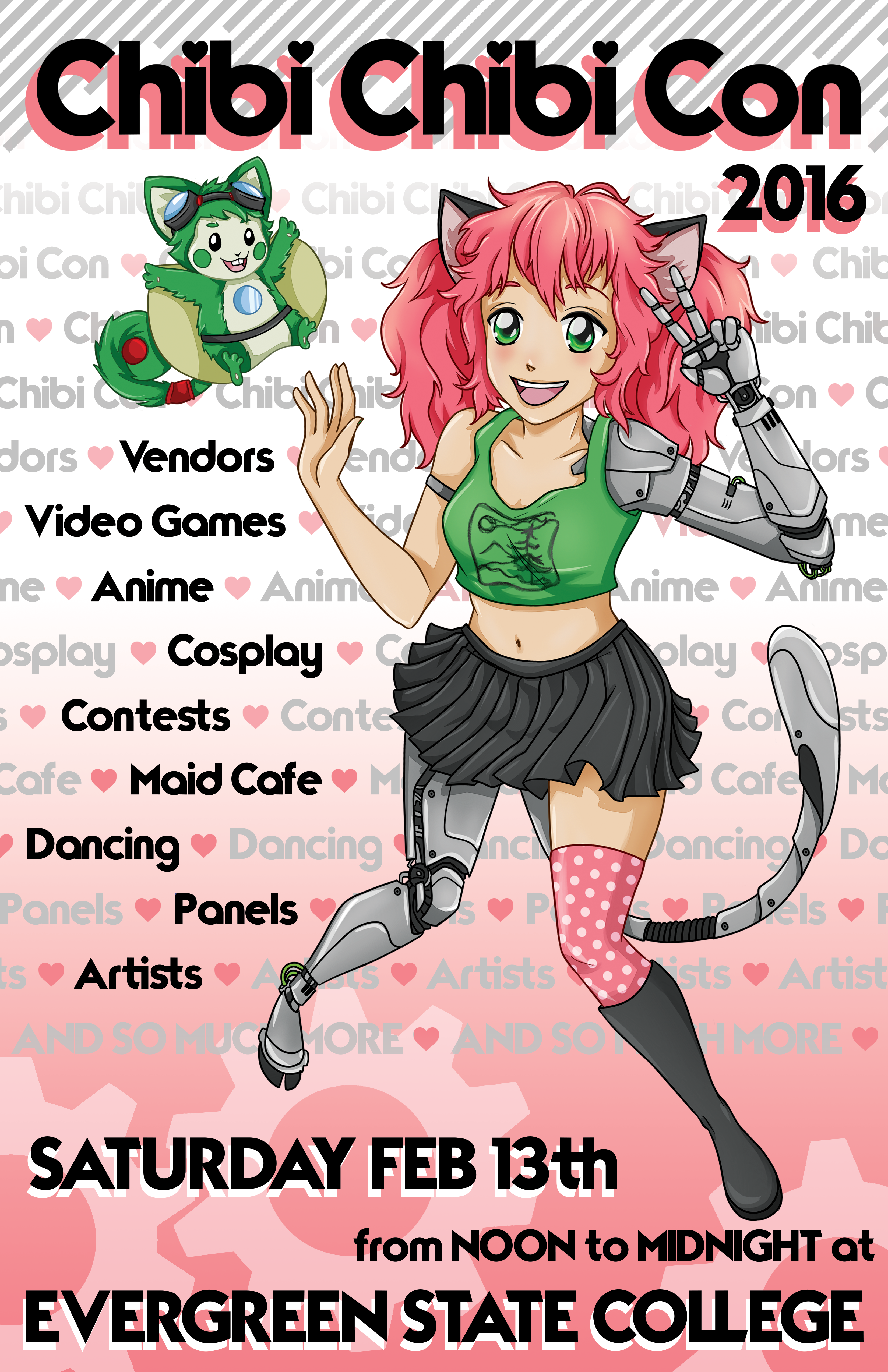 A brightly colored illustrated poster featuring Chibi Chibi Con's mascot, Chibi Chan. Chibi Chan is looking at the viewer with a bright smile. She is standing and giving a peace sign. Next to her is Matcha, a bright green flying squirrel. 
Chibi Chan is a thin, pale, girl with bright pink ponytails. She has cat ears and a cybernetic cat tail. She also has one cybernetic arm and one cybernetic leg.
The poster features various information about Chibi Chibi Con 2016, such as start and end time, date, location, and the events that were offered that year.
