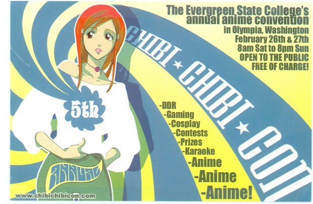 Illustrated poster featuring a pale, thin, anime girl with long orange hair in front of a yellow and blue swirling background.The poster features various information about Chibi Chibi Con 2008, such as start and end time, date, location, and the events that were offered that year.