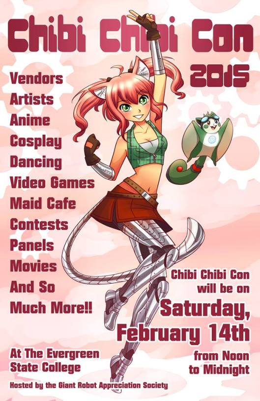 A brightly colored illustrated poster featuring Chibi Chibi Con's mascot, Chibi Chan. Chibi Chan is looking at the viewer with a bright smile. She has one arm reaching up with her hand in a peace sign.
Chibi Chan is a thin, pale, girl with bright pink ponytails. She has cat ears and a cybernetic cat tail. She also has two cybernetic arms and two cybernetic legs. Next to her is Matcha, a green flying squirrel.
The poster features various information about Chibi Chibi Con 2015, such as start and end time, date, location, and the events that were offered that year.