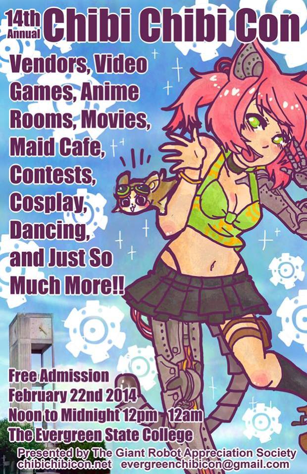 A brightly colored illustrated poster featuring Chibi Chibi Con's mascot, Chibi Chan. Chibi Chan is looking at the viewer with a bright smile. She has one arm reaching up with her hand in a peace sign.
Chibi Chan is a thin, pale, girl with bright pink ponytails. She has cybernetic cat ears and a cybernetic cat tail. She also has one cybernetic arm and one cybernetic leg. Next to her is Matcha, a flying squirrel.
The poster features various information about Chibi Chibi Con 2014, such as start and end time, date, location, and the events that were offered that year.