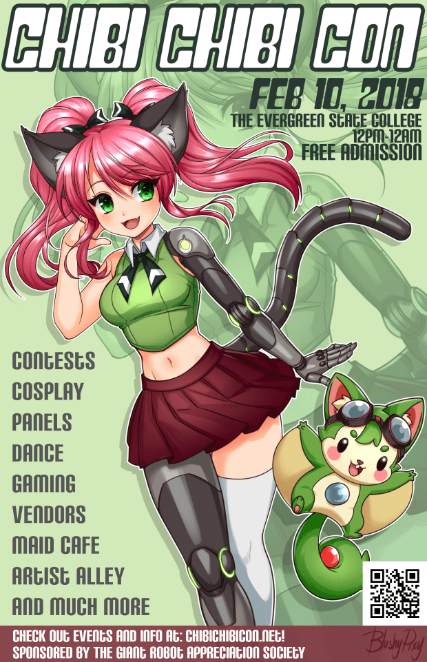 A brightly colored illustrated poster featuring Chibi Chibi Con's mascot, Chibi Chan. Chibi Chan is looking at the viewer with a bright smile. She is standing and flipping her hair back with one hand. Next to her is Matcha, a bright green flying squirrel. Chibi Chan is a thin, pale, girl with bright pink ponytails. She has cat ears and a cybernetic cat tail. She also has one cybernetic arm and a cybernetic leg.The poster features various information about Chibi Chibi Con 2018, such as start and end time, date, location, and the events that were offered that year.