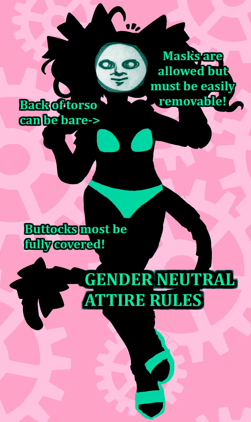 Silhouette of Chibi Chibi Con's mascot Chibi Chan wearing a mask, bikini, and sandals with the following text: Masks are allowed but must be easily removeable. Back of Torso can be bare. Buttocks must be fully covered. Gender neutral attire rules.