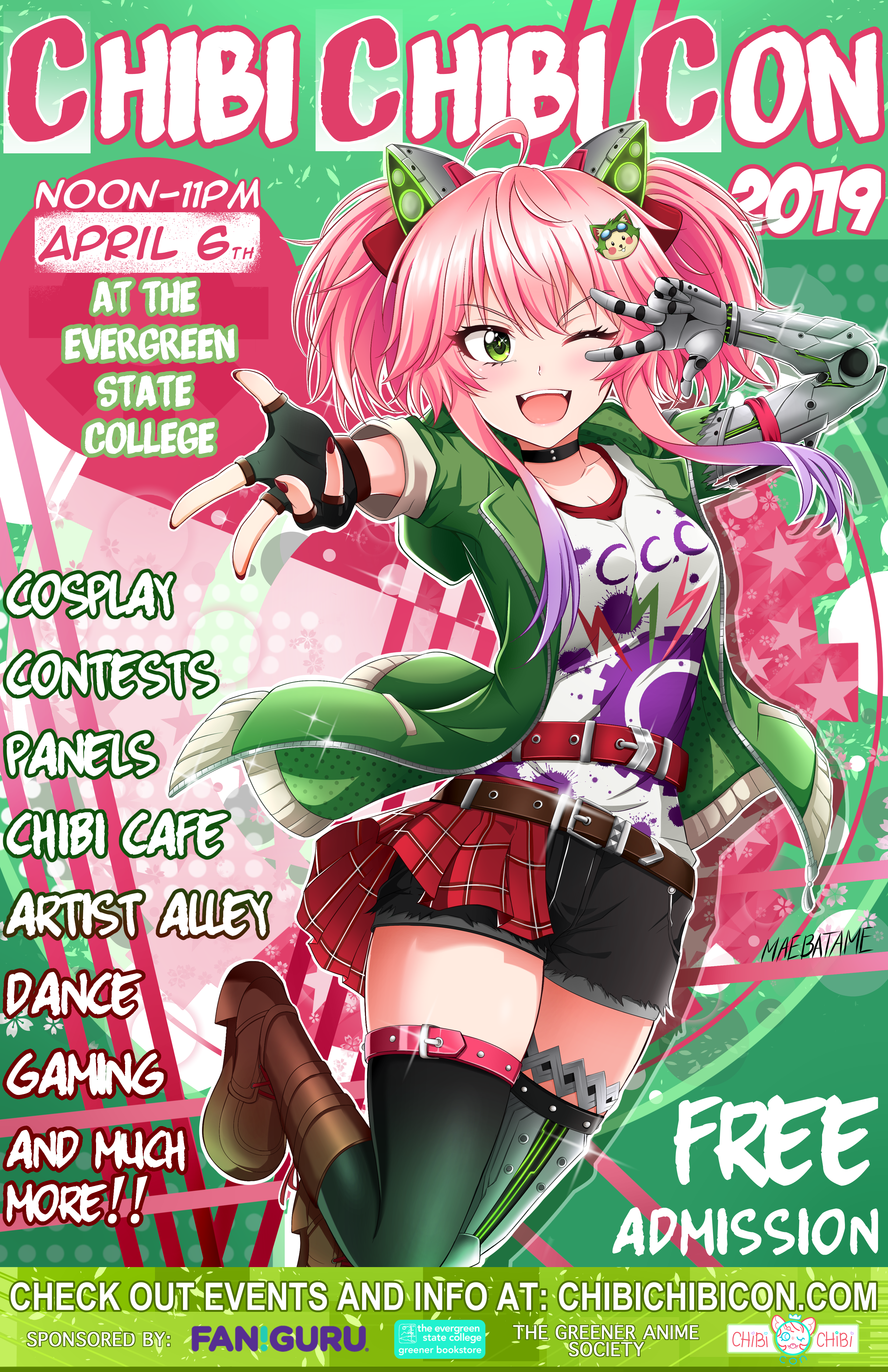A brightly colored illustrated poster featuring Chibi Chibi Con's mascot, Chibi Chan. Chibi Chan is looking at the viewer with a bright smile. She is reaching out towards the viewer with one hand while her other hand is in a peace sign next to her face.Chibi Chan is a thin, pale, girl with bright pink ponytails. She has cybernetic cat ears and a cybernetic cat tail. She also has one cybernetic arm.The poster features various information about Chibi Chibi Con 2019, such as start and end time, date, location, and the events that were offered that year.