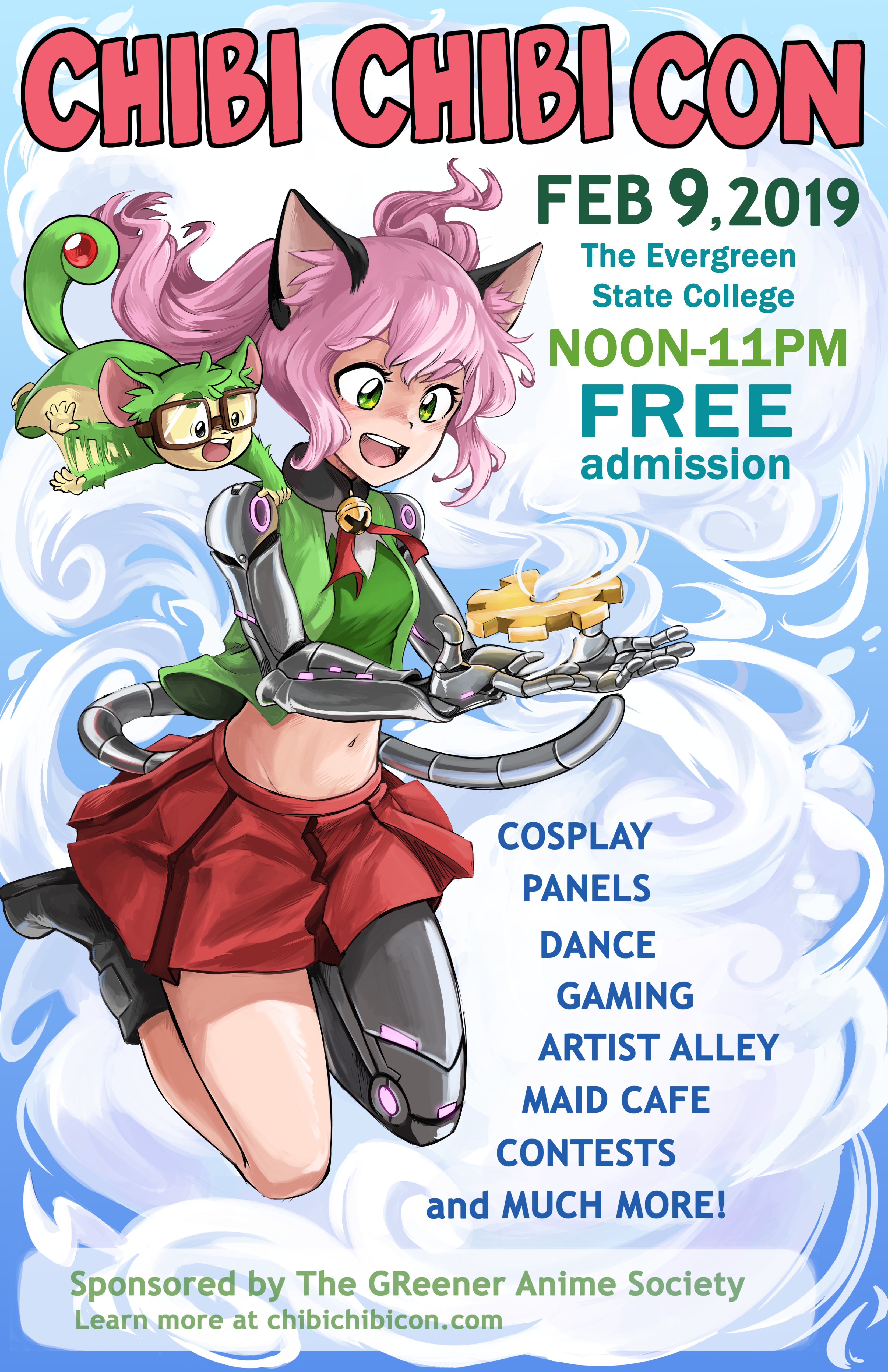 A brightly colored illustrated poster featuring Chibi Chibi Con's mascot, Chibi Chan. Chibi Chan is falling while holding a golden gear in both hands. There is white smoke coming from the center of the gear. Holding onto her shoulder is Matcha, a bright green flying squirrel.Chibi Chan is a thin, pale, girl with bright pink ponytails. She has cybernetic cat ears and a cybernetic cat tail. She also has two cybernetic arms and one cybernetic leg.The poster features various information about Chibi Chibi Con 2019, such as start and end time, date, location, and the events that were offered that year.