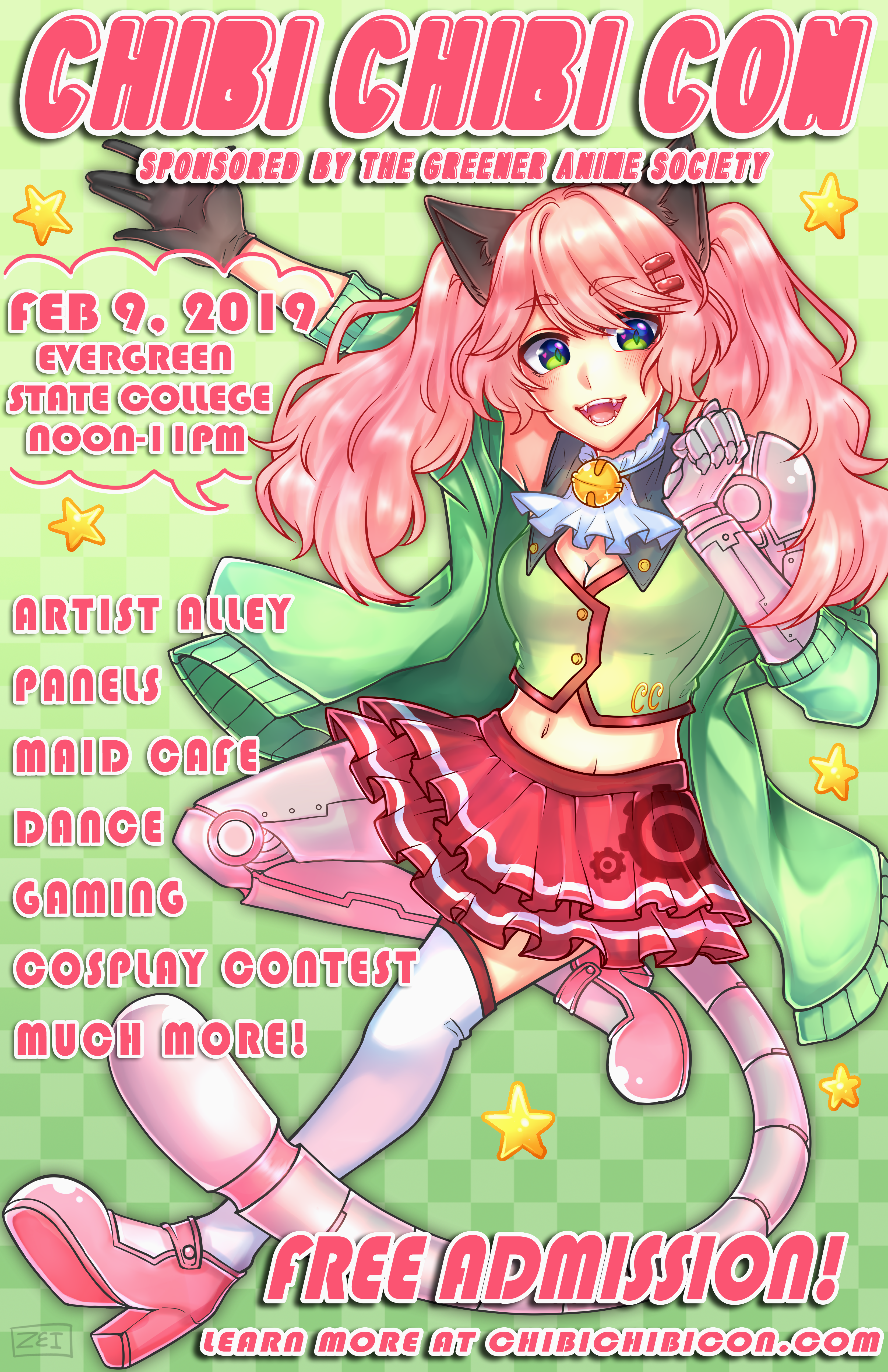 A brightly colored illustrated poster featuring Chibi Chibi Con's mascot, Chibi Chan. Chibi Chan is looking at the viewer with a bright smile. She  has one arm up gesturing towards the name of the convention on the poster.Chibi Chan is a thin, pale, girl with bright pink ponytails. She has cybernetic cat ears and a cybernetic cat tail. She also has one cybernetic arm and a cybernetic leg.The poster features various information about Chibi Chibi Con 2019, such as start and end time, date, location, and the events that were offered that year.