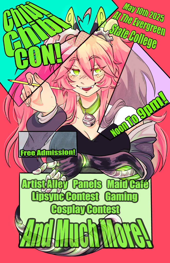 A brightly colored illustrated poster featuring Chibi Chibi Con's mascot, Chibi Chan. Chibi Chan is looking at the viewer with a wide smile, holding a pencil in one hand. 
Chibi Chan is a thin, pale, girl with bright pink ponytails. She has cybernetic cat ears and a cybernetic cat tail. She also has one cybernetic arm.
The poster features various information about Chibi Chibi Con 2025, such as start and end time, date, location, and the events that were offered that year.