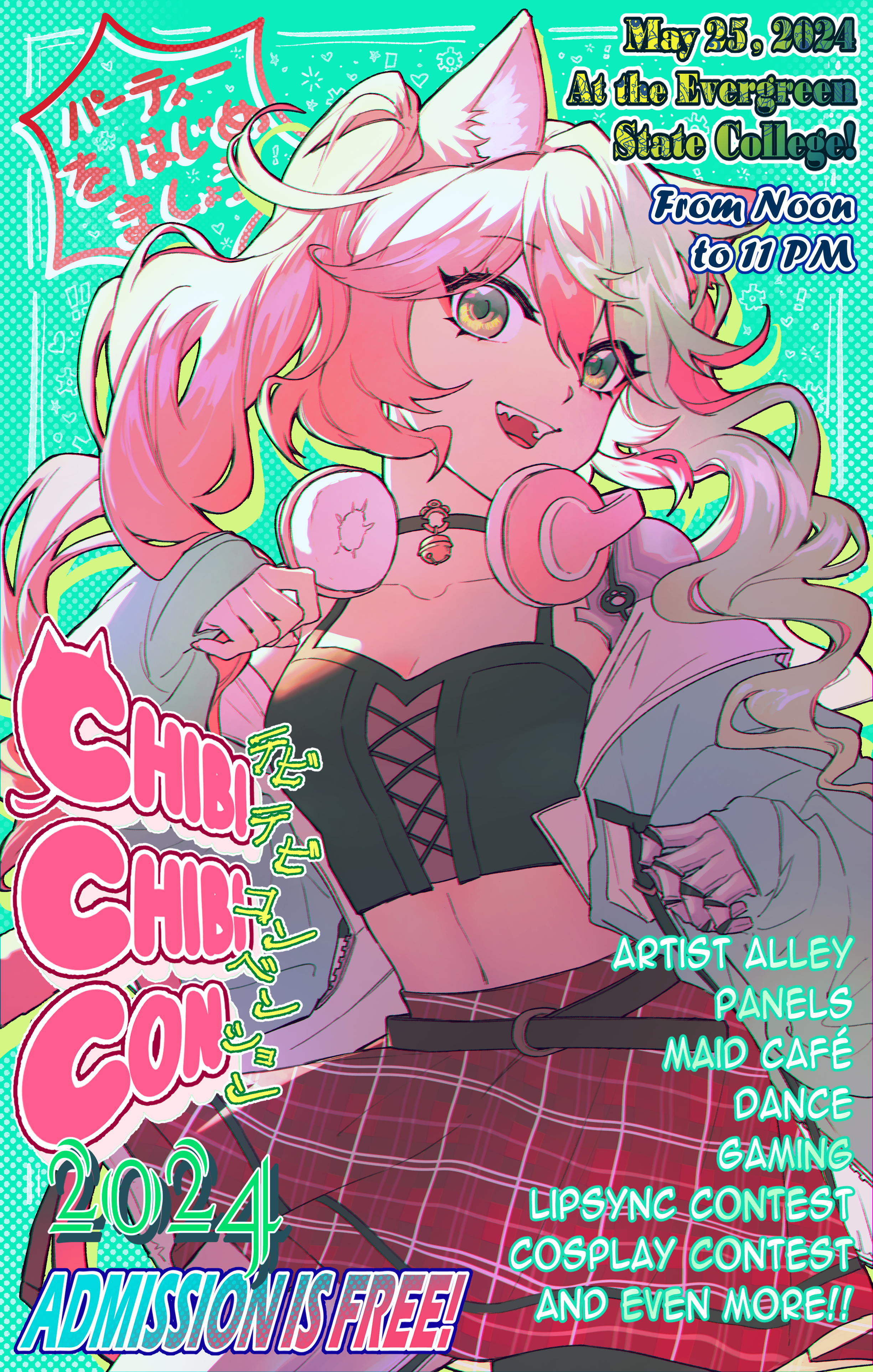 A brightly colored illustrated poster featuring Chibi Chibi Con's mascot, Chibi Chan. Chibi Chan is looking at the viewer with a wide smile, holding a pencil in one hand. Chibi Chan is a thin, pale, girl with bright pink ponytails. She has cat ears and one cybernetic arm.The poster features various information about Chibi Chibi Con 2024, such as start and end time, date, location, and the events that were offered that year.